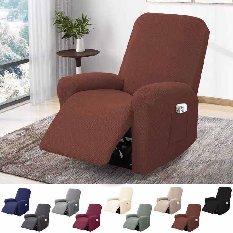 Copertura per poltrona elasticizzata, con tasche, a righe, in tessuto jacquard, adatta per poltrone da TV, poltrone relax, set di 4 pezzi (marrone scuro)