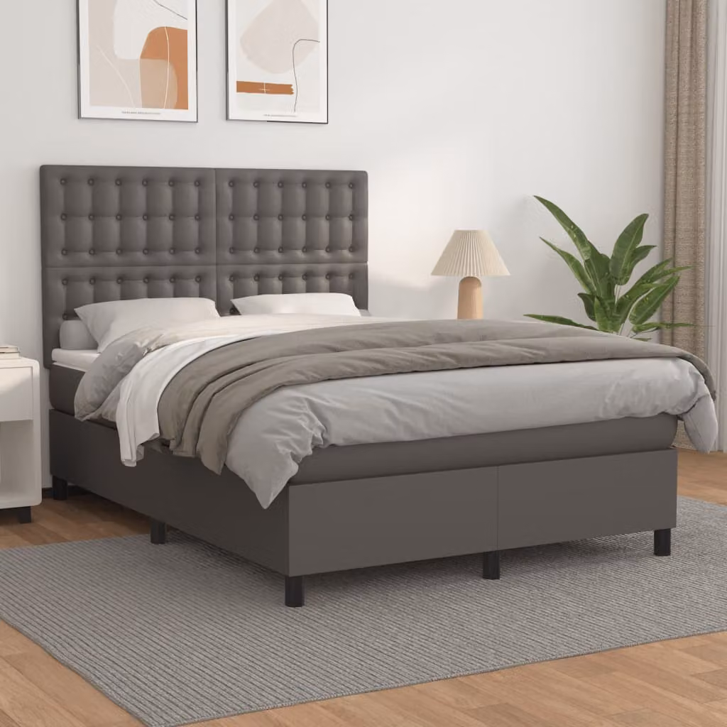 vidaXL Giroletto a Molle Ibrido con Materasso in Similpelle Grigio e Bianco L/P/H: 203 x 140 x 128 cm