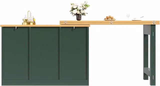 Tavolo Bar Estraibile e Girevole 360° in MDF, da 120 a 180 cm, con Ripiani e Cantinetta, Verde Scuro
