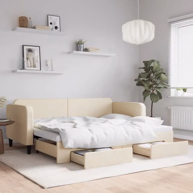 Divano Letto Estraibile con Cassetti Crema 80x200 cm in Tessuto 3196851