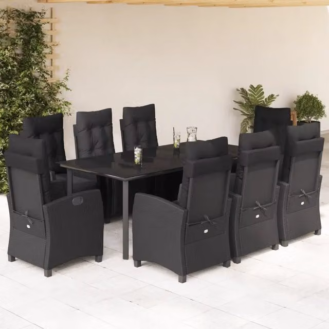 Set da Pranzo da Giardino vidaXL in Polyrattan e Vetro Nero con 9 Pezzi e Cuscini