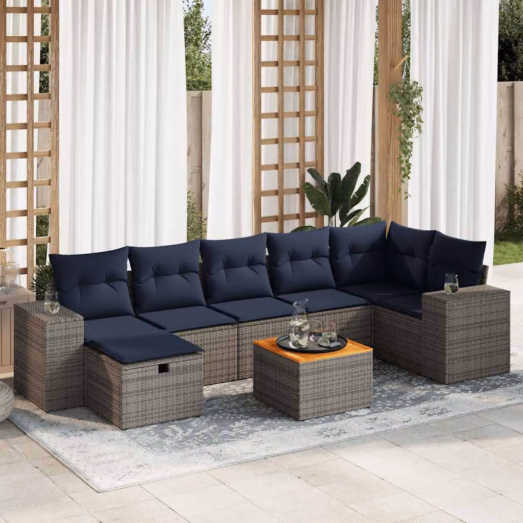 Set Divano da Giardino vidaXL 8 pz in Polyrattan e Legno di Acacia Oliato con Cuscini Grigio
