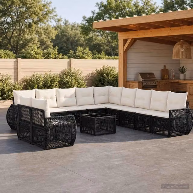 Set Divano da Giardino a L con Tavolino vidaXL, 12 Pezzi, Nero, Bianco e Beige con Cuscini e Struttura in Metallo e Polyrattan