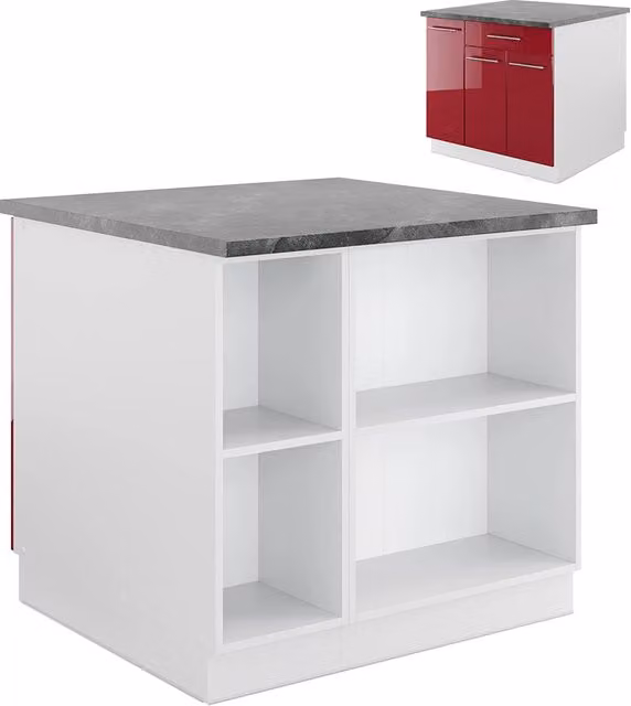 Isola cucina Fame-Line Bordeaux lucido/Bianco 90 cm con cassetto, senza piano di lavoro Vicco