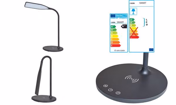 ALBA Lampada da tavolo LED "LEDSMART", nera, con caricatore QI