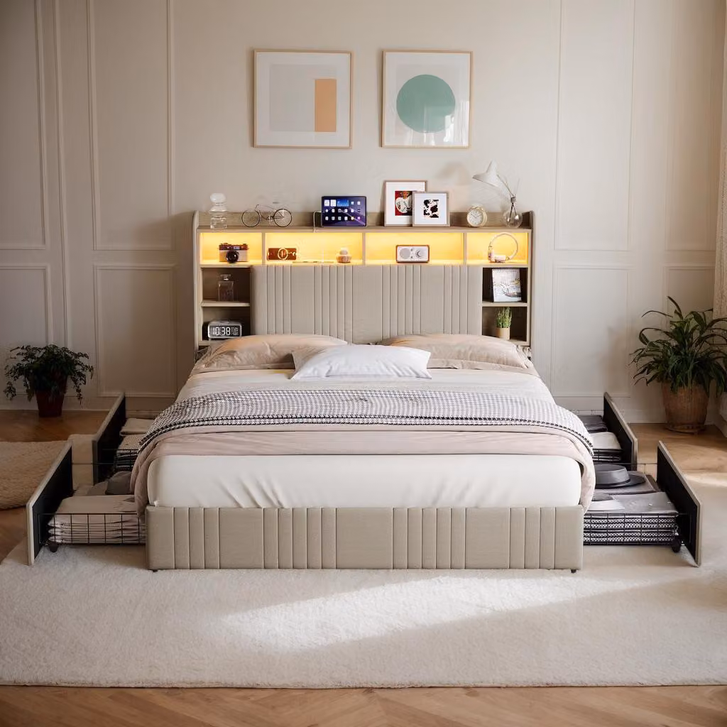 Letto matrimoniale INONEFT 160x200 con spazio contenitore, design moderno, imbottito, con illuminazione LED, funzione di ricarica USB, dotato di 4 cassetti, rivestito in lino, senza materasso, colore beige