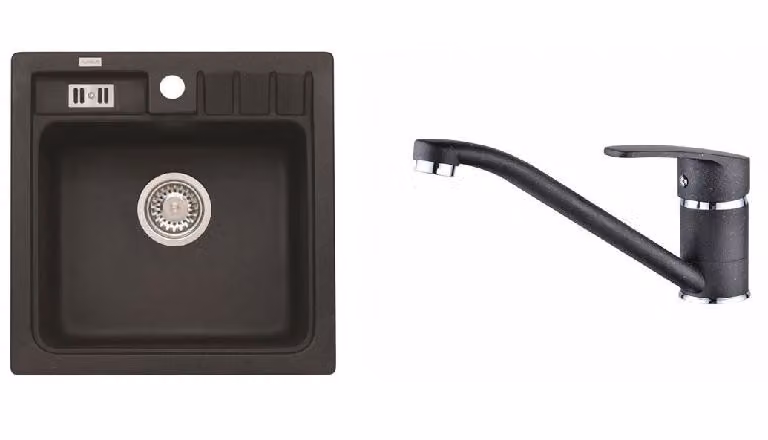 Lavello in granito con miscelatore ALVEUS Niagara 20 Carbon 91 465x465 mm + miscelatore Nina SETA092