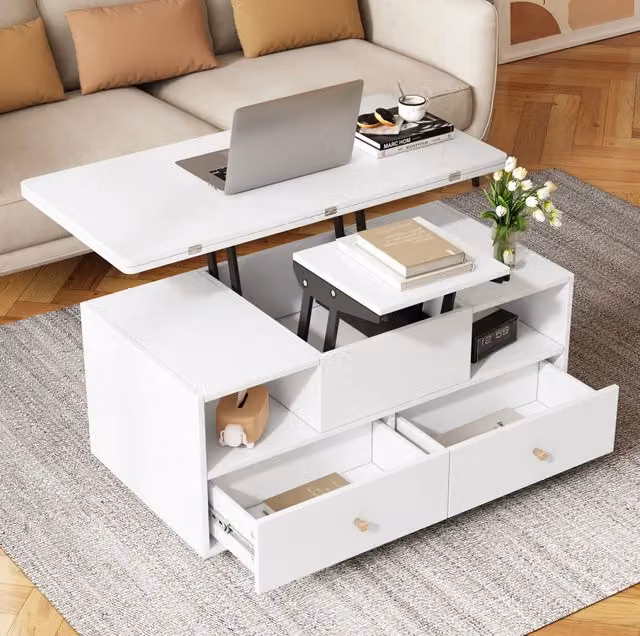 Tavolino da salotto ULEVR 100x50 cm sollevabile e pieghevole con 4 cassetti, ripiano aperto e ruote con freno, bianco