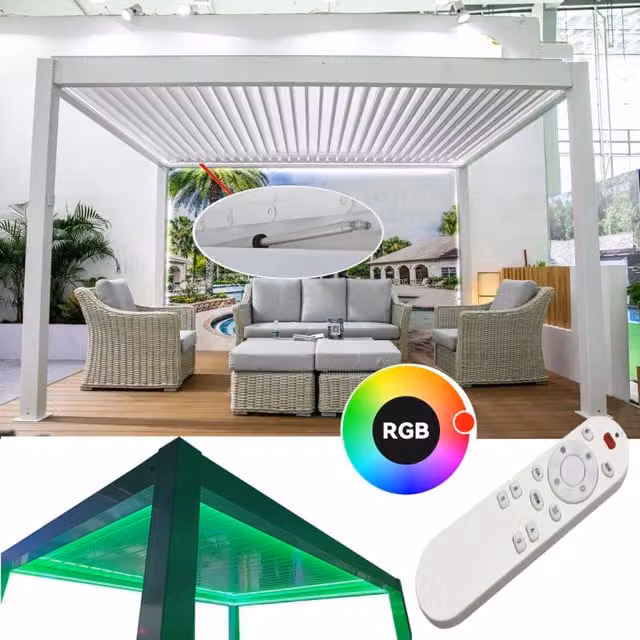 Pergola bioclimatica moderna con lamelle motorizzate e impianto LED RGB in alluminio e WPC, colore bianco, L: 4 m, P: 3 m