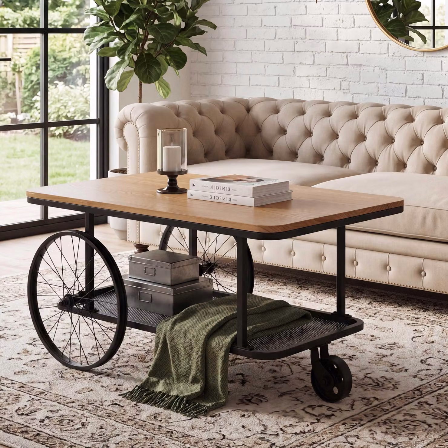 Tavolino da salotto MCW-Q69, tavolino da salotto, in legno stile industriale retrò con cerchio, 54x100x60 cm ~ naturale, nero