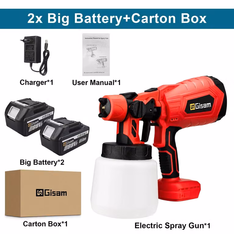 Pistola a spruzzo elettrica - Sistema di verniciatura HVLP senza fili - 2 batterie di grande capacità - Serbatoio da 1000 ml - Ugello da 1,8 mm - Motore da 30000 giri/min - Spina di tipo europeo - Colore: rosso