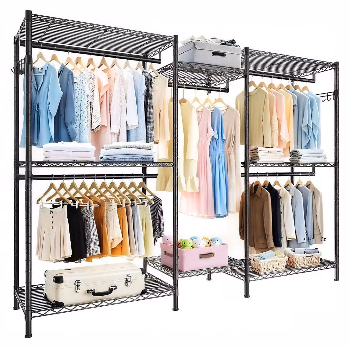 Portaabiti robusto, organizer per armadi freestanding, portaabiti portatile con 8 ripiani in filo metallico e 5 aste appendiabiti, colore nero