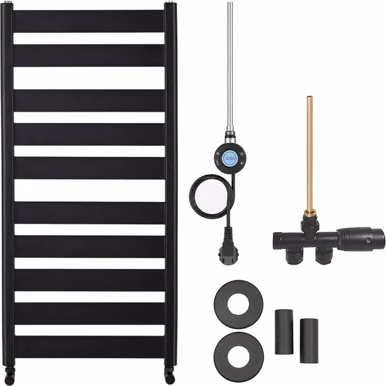 Kit radiatore per bagno Marco - riscaldamento combinato, antenna Wi-Fi - collegamento laterale a un punto - 600W - nero opaco - 1125x550 mm