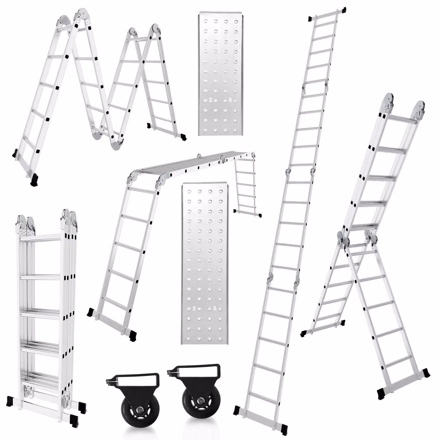 Scala multifunzione con 4 gradoni - 7 funzioni - Altezza 582 cm - Alluminio