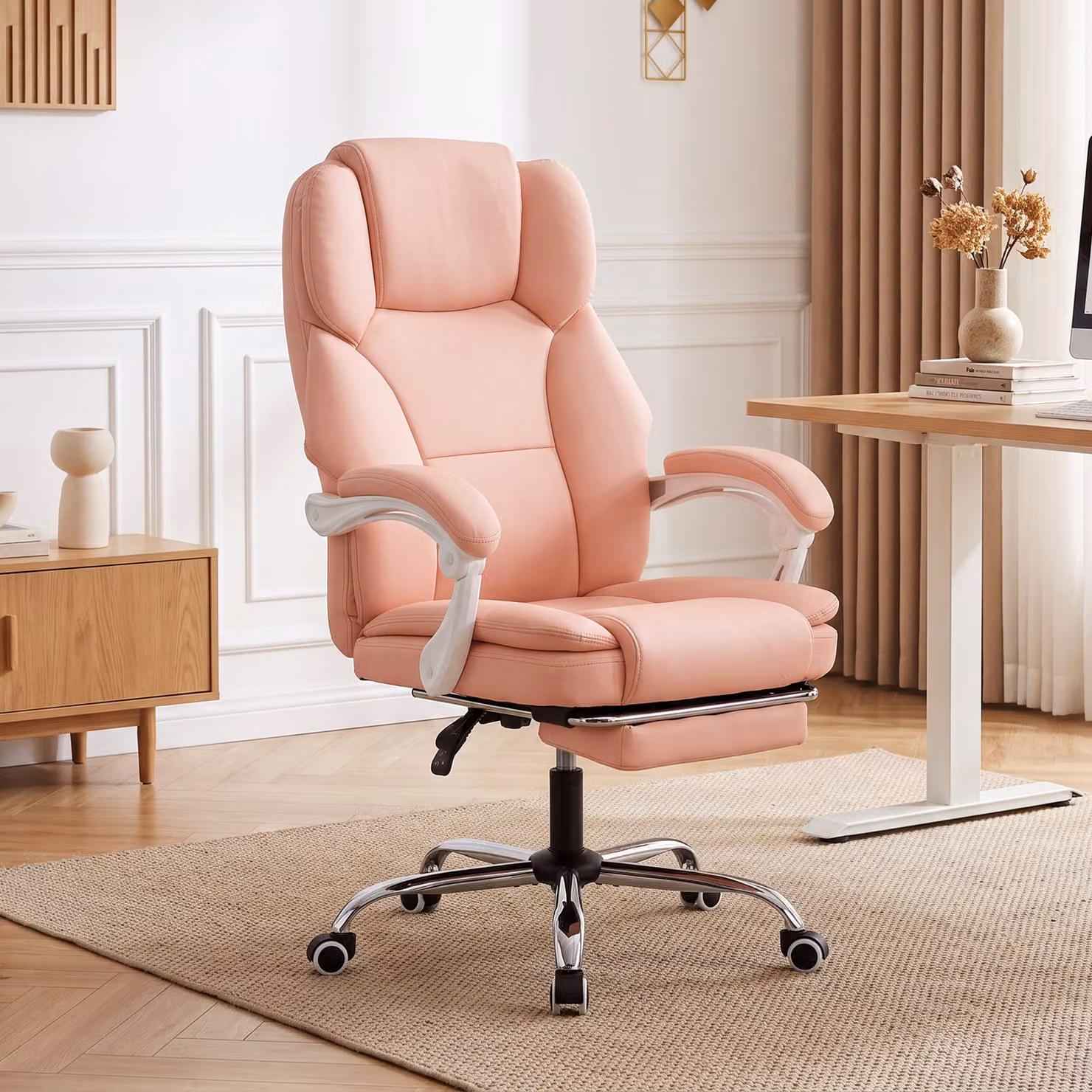 Sedia da ufficio ergonomica HOMCOM reclinabile in pelle sintetica rosa con braccioli e altezza regolabile – 2