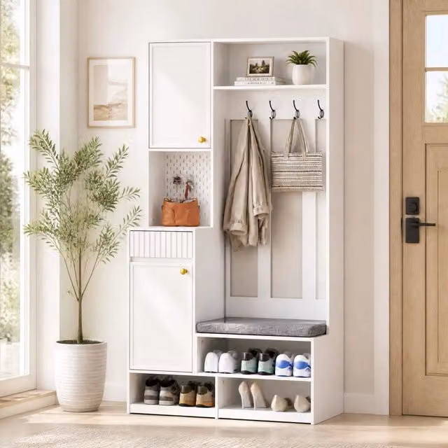 Mobile ingresso con panca imbottita; 4 ganci; 2 cassetti e armadietto; MDF bianco; 100×35×180 cm