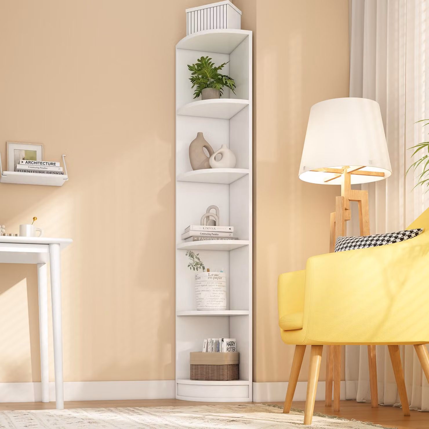 okwish Libreria angolare, libreria alta con elevata capacità di carico, scaffale a cinque ripiani in MDF, bianco