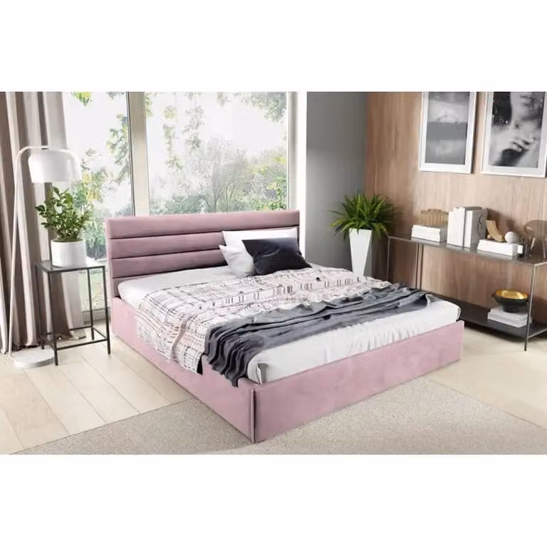 GUTTO Letto imbottito 90x200 con griglia a doghe in metallo Tessuto in velluto rosa con griglia e contenitore