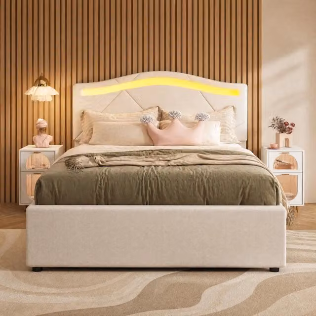 Letto imbottito beige 90x200 cm con rete a doghe, luci LED, due cassetti e testiera regolabile in lino