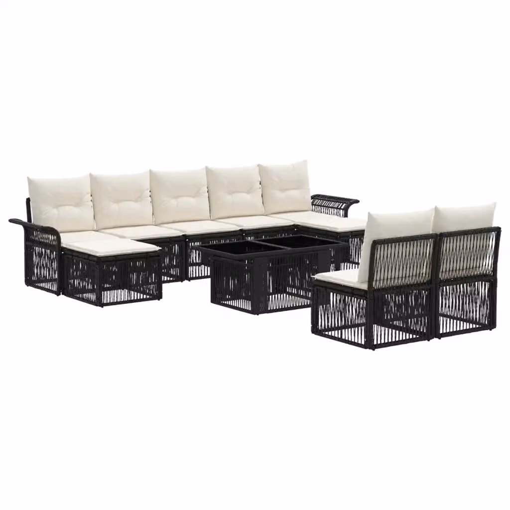 Set da giardino vidaXL in polyrattan composto da 10 pezzi con tavolino, pouf e cuscini, colore nero e bianco crema – 2