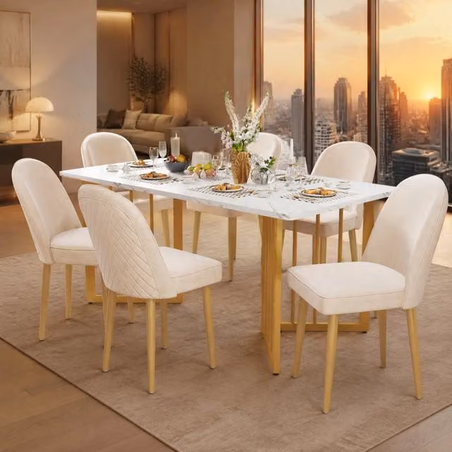 6 sedie da pranzo moderne in velluto beige con gambe in metallo dorato, comode e dal design ergonomico