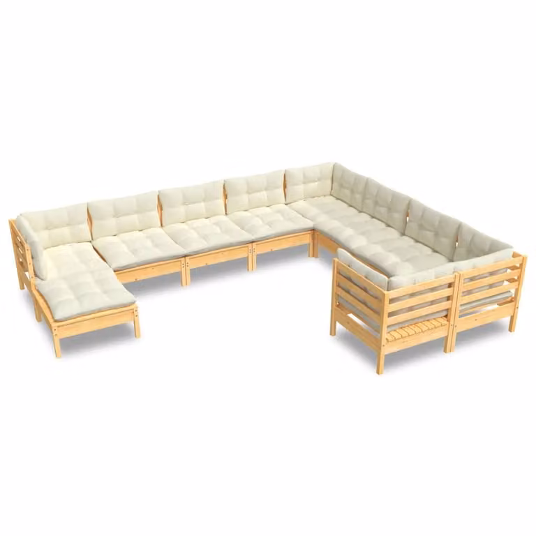 Set Divani da Giardino 10 pz con Cuscini Crema Massello di Pino