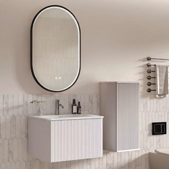 Set Mobile Bagno 60 cm con Lavabo Sospeso, Mobiletto Laterale e Specchio LED Ovale con Cornice Nera, Bianco