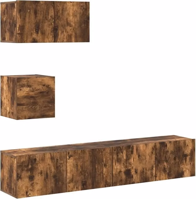 Set di Mobili Porta TV Moderno Design In composto da 4 pezzi in Legno Multistrato Rovere Fumo Marrone con Finitura Opaca e Sistema a Parete per Soggiorno