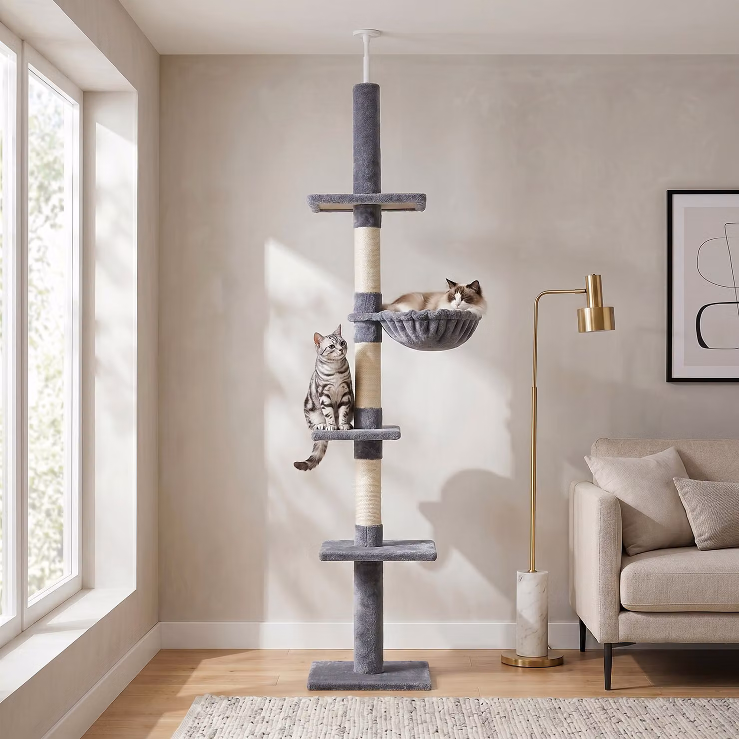 Albero Tiragraffi PawHut a 4 Livelli con Altezza Regolabile, in Sisal e Peluche, Grigio L/P/H: 40 x 34 x 230-260 cm – 2