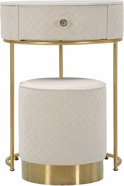 Comodino toletta Vellit vikasa_home color crema con pouf abbinato L: 52 cm, H: 70 cm e L: 36 cm, H: 39 cm