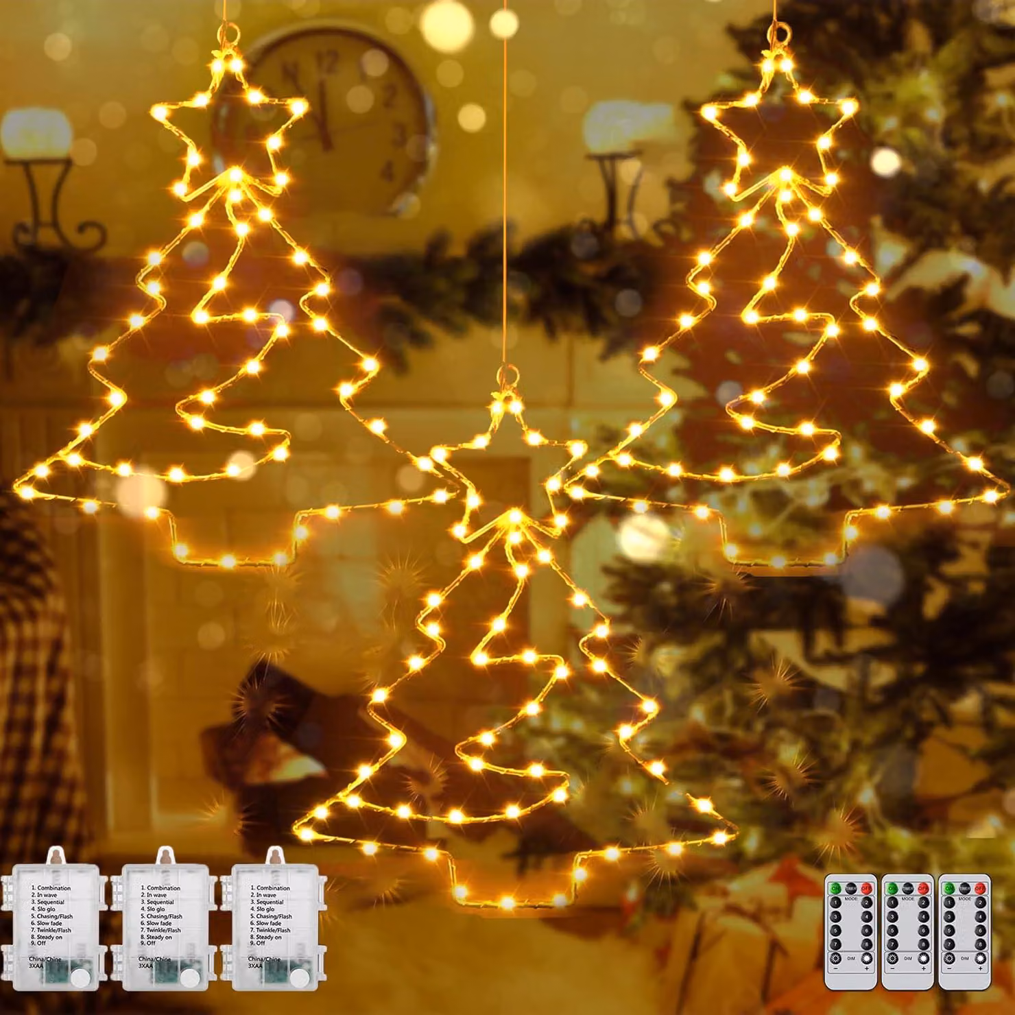 Set di 3 decorazioni a forma di stella natalizia a LED, con 55 luci bianche calde, alimentate a batteria