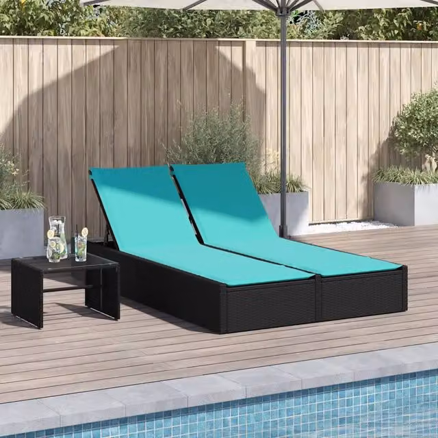 Lettino prendisole doppio con cuscini nero in polyrattan 368636