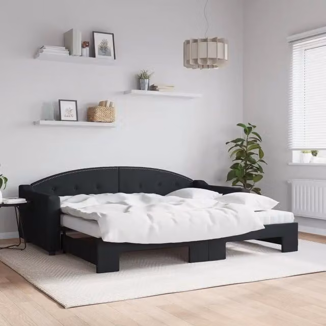 Divano Letto Estraibile vidaXL in Tessuto Nero con Materasso in Schiuma L/P/H: 223 x 90 x 75 cm