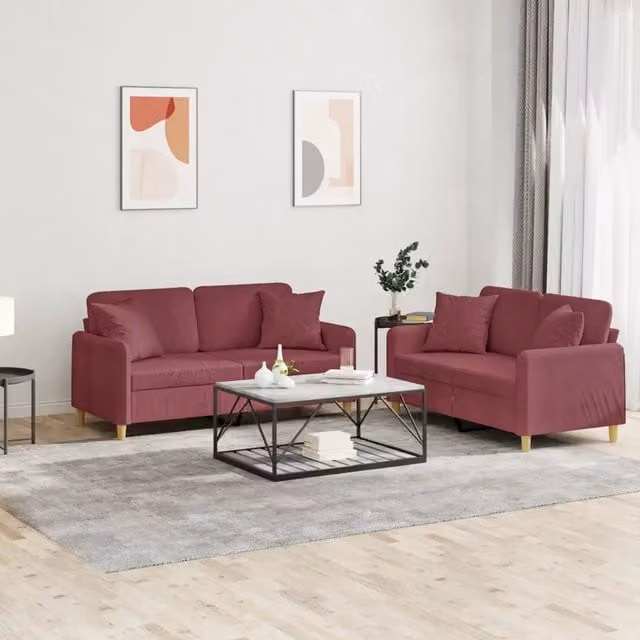 Set di 2 divani moderni vidaXL in tessuto rosso con cuscini decorativi – 1