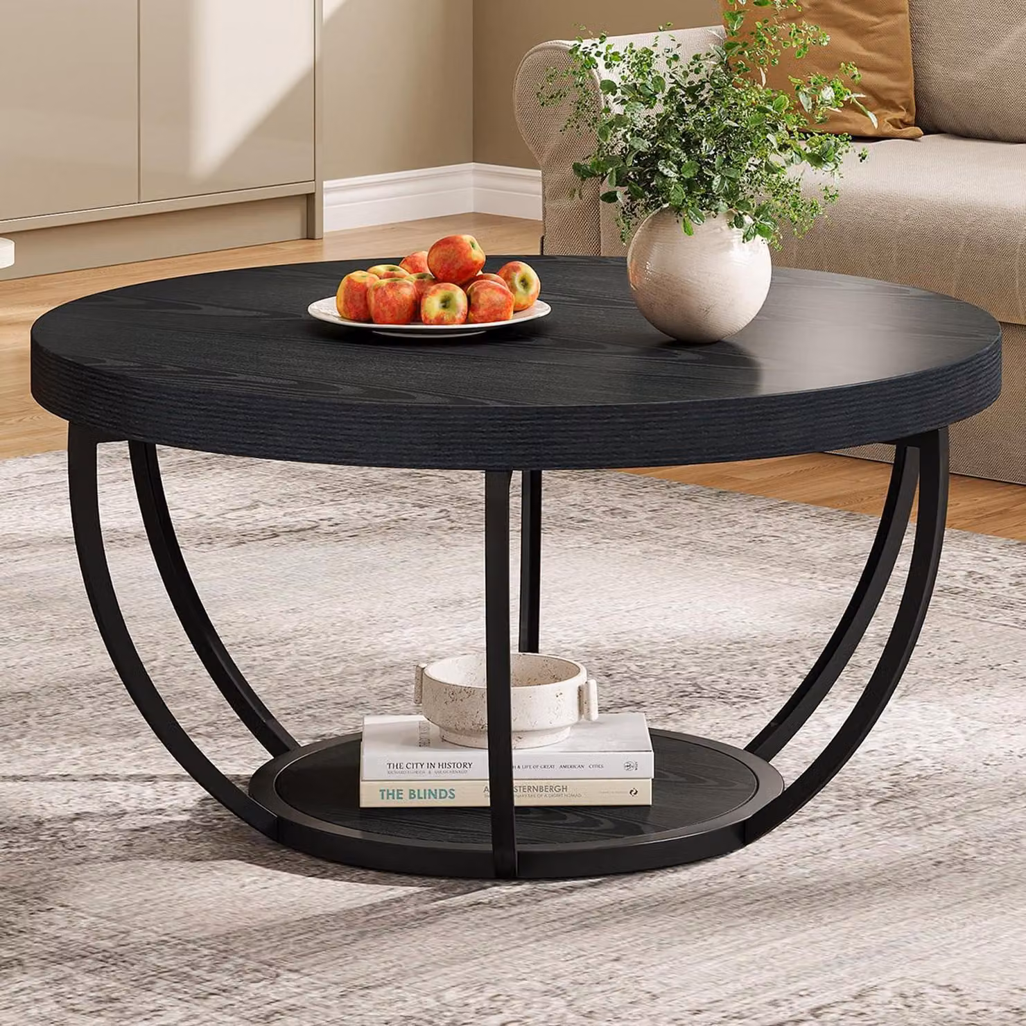 Tavolino da caffè rotondo, a 2 livelli, in stile industriale, diametro 80 cm, legno nero