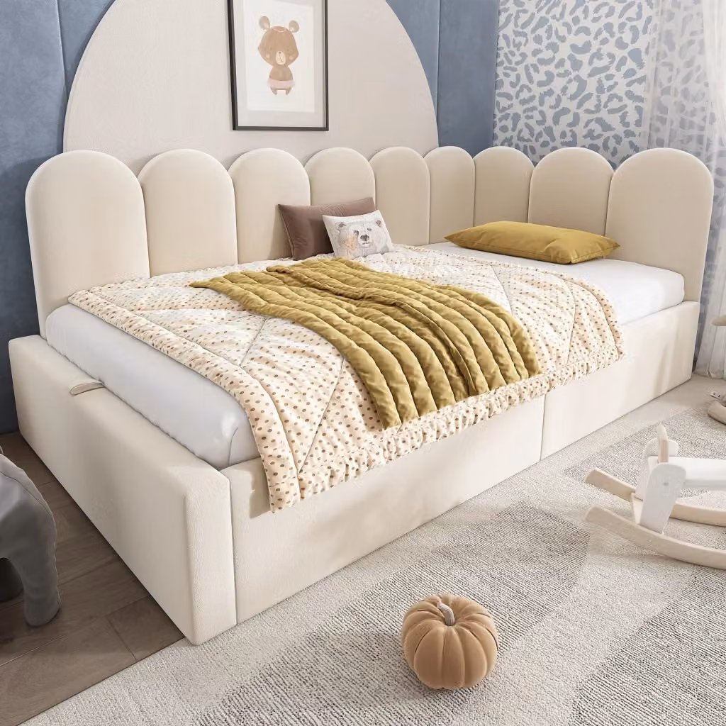 Letto divano singolo in velluto beige con contenitore idraulico e sponde, L/P: 90 x 200 cm – 2