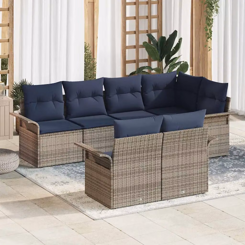Set Divano da Giardino a L vidaXL in Rattan con Cuscini Grigio e Blu con Struttura in Acciaio Verniciato a Polvere