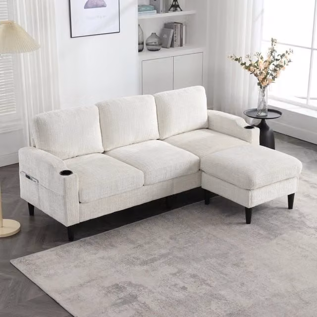 Divano 4 posti REDOM con pouf e contenitore in tessuto beige L: 196,5 cm, P: 75 cm, H: 77 cm