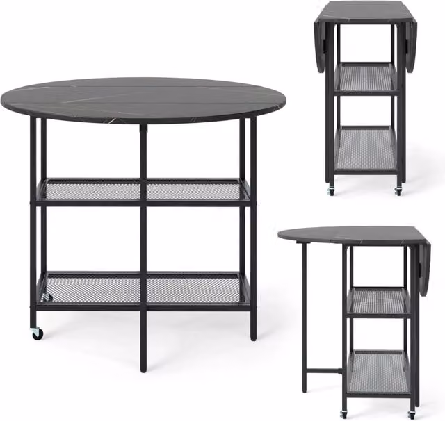 Tavolo pieghevole rotondo 100 x 100 x 80 cm per 2-4 persone con pratico spazio portaoggetti e rotelle bloccabili in metallo nero 20_0014102