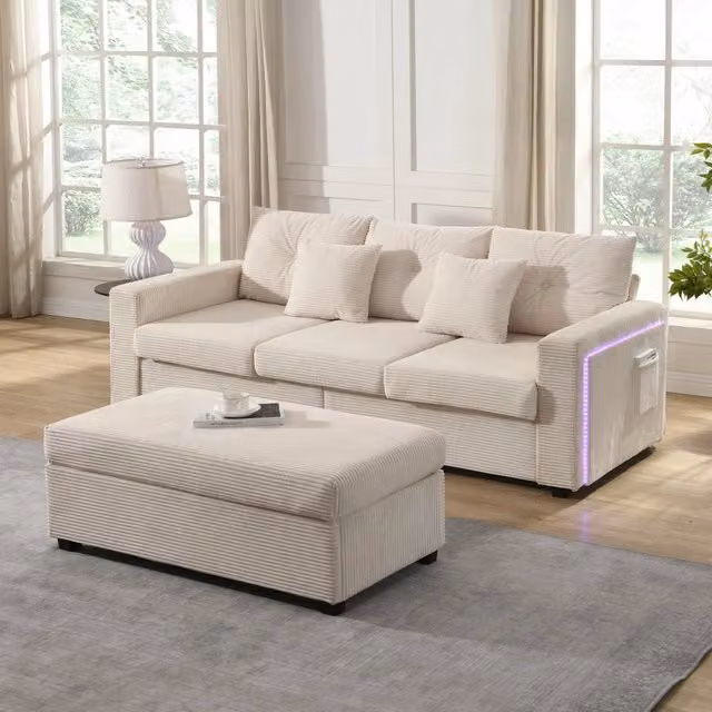 Divano modulare a L con luci LED e pouf, seduta effetto nuvola, con 5 cuscini, per soggiorno, in tessuto a coste beige