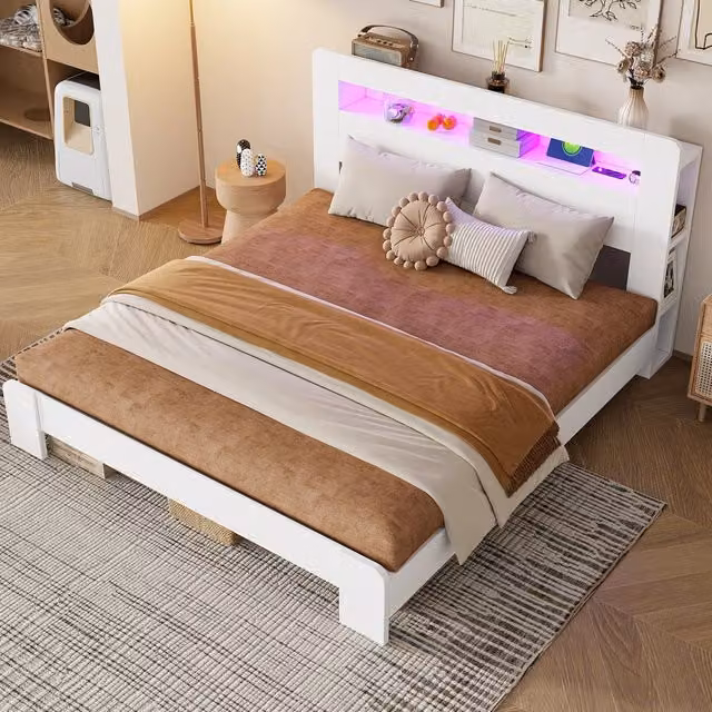 Letto Matrimoniale 180x200 in Legno Bianco con Testiera Contenitore; LED e Prese Integrate