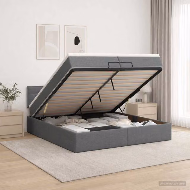 Letto ottomano con contenitore a sollevamento vidaXL in tessuto grigio con materasso 200 x 200 cm