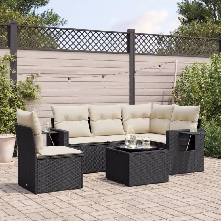 vidaXL Set Divano da Giardino a L 6 pz in Polyrattan Nero con Cuscini e Tavolino da Esterno
