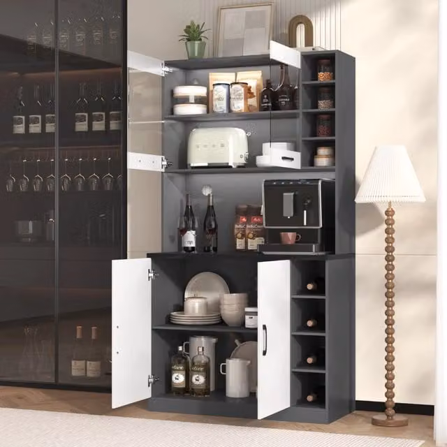 Mobile colonna da cucina Mivray grigio e bianco con vano microonde, ripiani interni e illuminazione LED, L: 100 cm, P: 47 cm, H: 187 cm