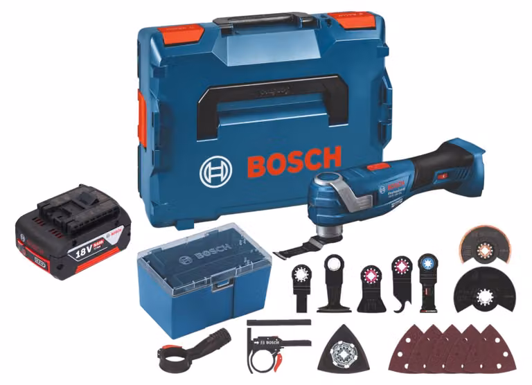 Bosch GOP 18V-34 Professional Multi Cutter a batteria 18 V Starlock Plus + 1x batteria 5,0 Ah + 17 accessori + L-Boxx - senza caricabatteria