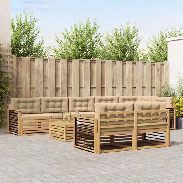 Set di divani da esterno vidaXL a forma di L composto da 9 pezzi con tavolino da caffè, in legno di acacia e tessuto bianco e beige