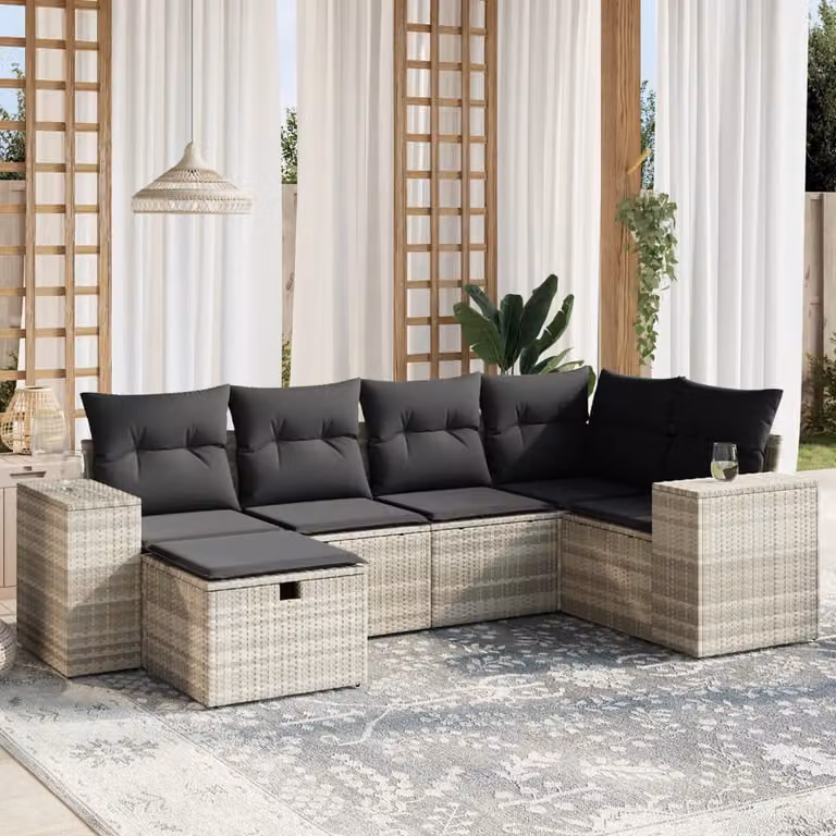 vidaXL Set Divano da Giardino a L 6pz in Polyrattan Grigio con Cuscini e Ottoman