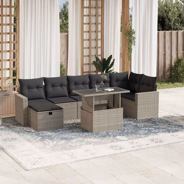 vidaXL Set Divano da Giardino a L 8pz in Polyrattan Grigio con Cuscini e Tavolino