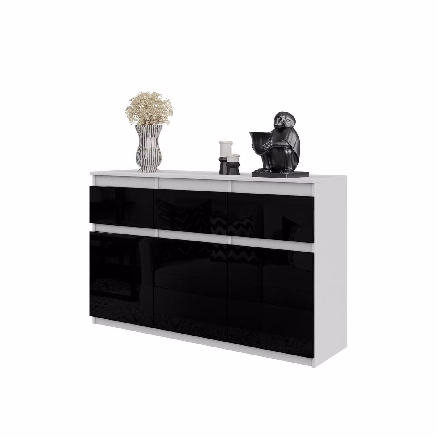 NOAH – Comò / Credenza con 3 cassetti e 3 ante – Bianco opaco / Nero lucido – Altezza 75 cm, Larghezza 120 cm, Profondità 35 cm