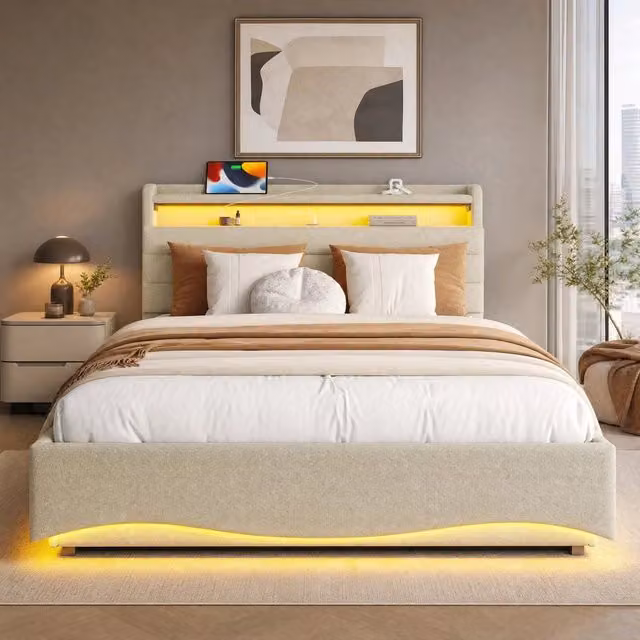 Letto imbottito contenitore 140x200 cm in lino beige con LED, USB e Type-C HAVRYA